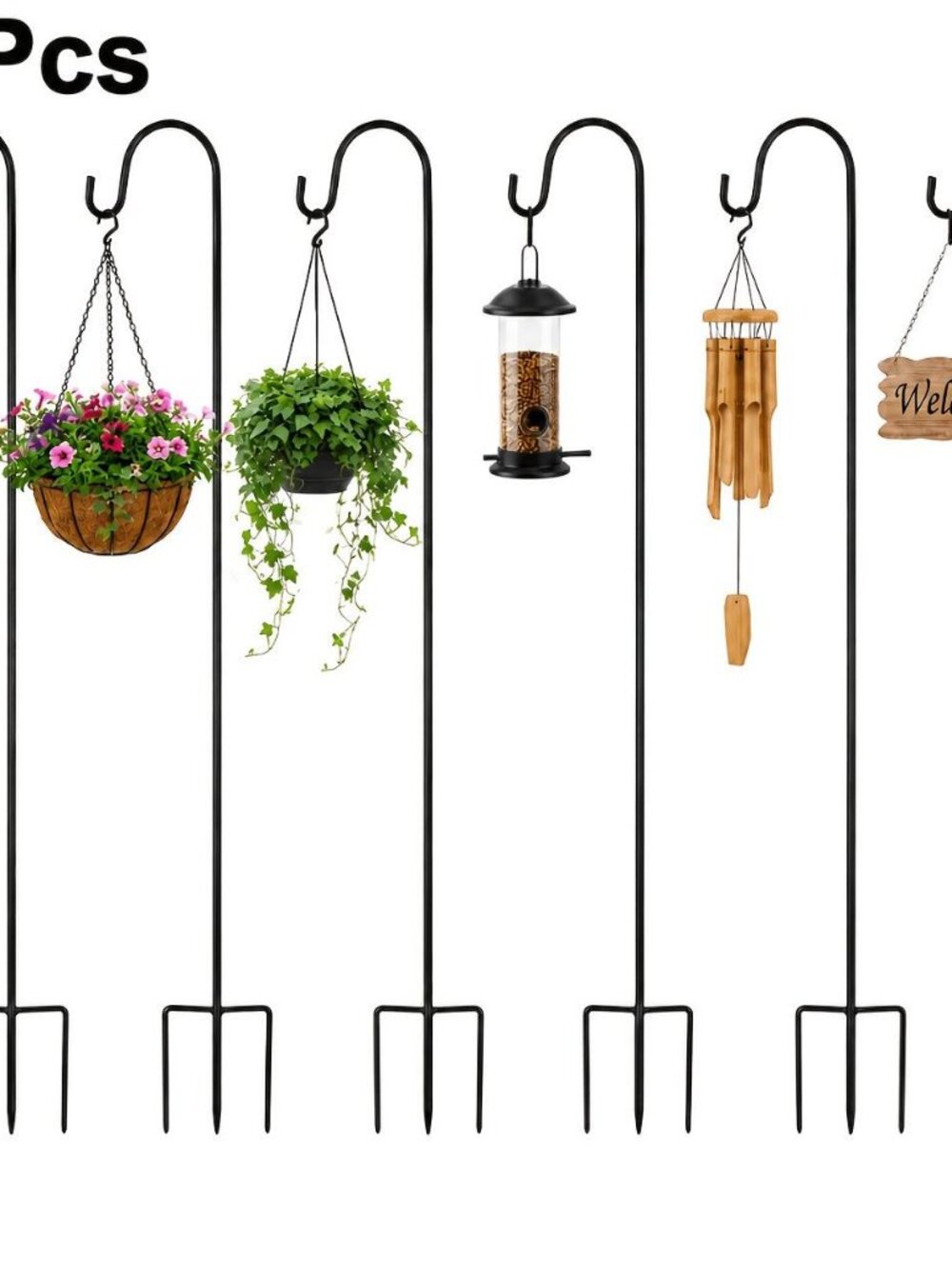 6‑Pack Shepherd Hooks for Outdoor, Black Metal Garden Hanging Stakes, Heavy‑Duty